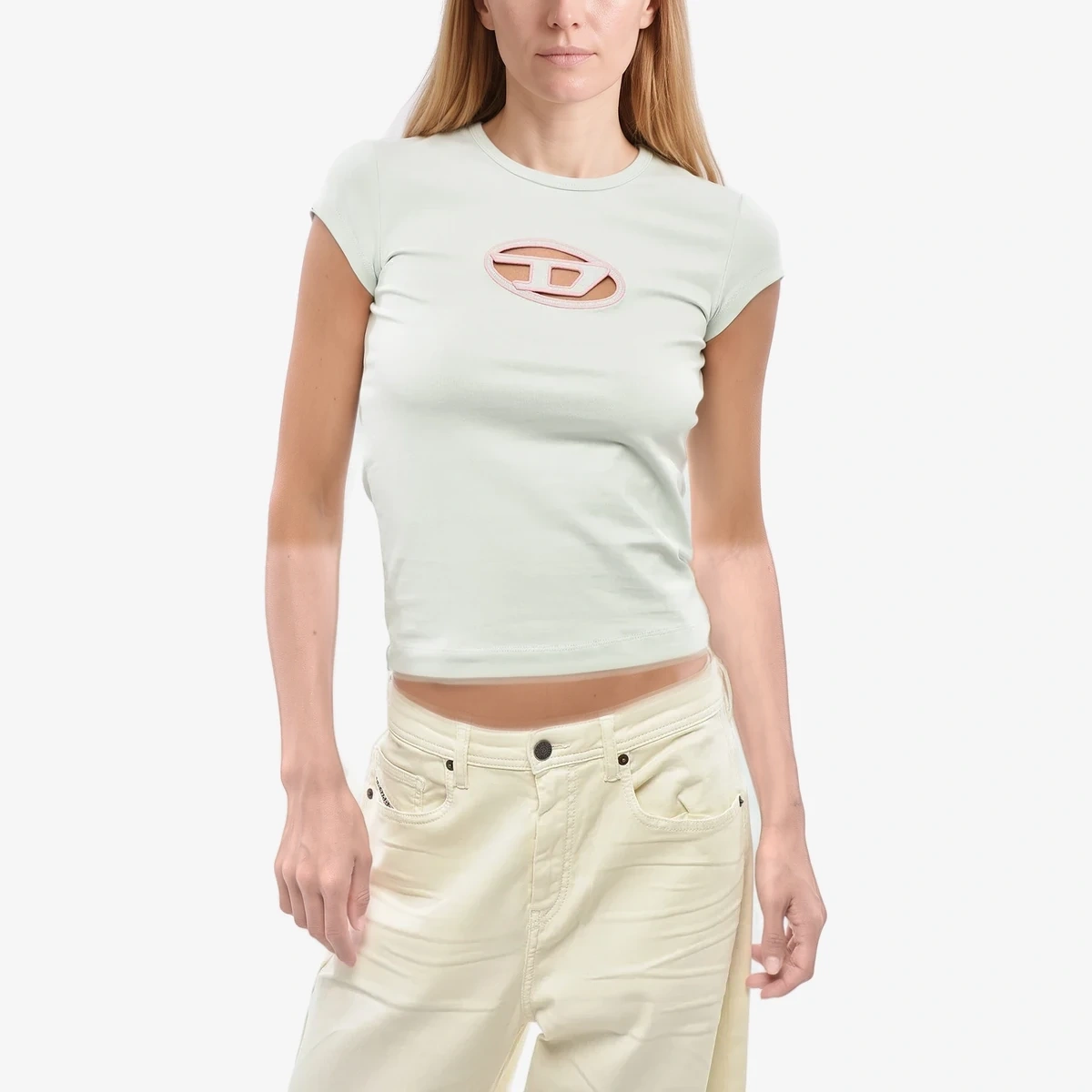 Diesel Stretch Cotton Crewneck T-Shirt T-ANGIE With Logo Cut-Out in Light Blue