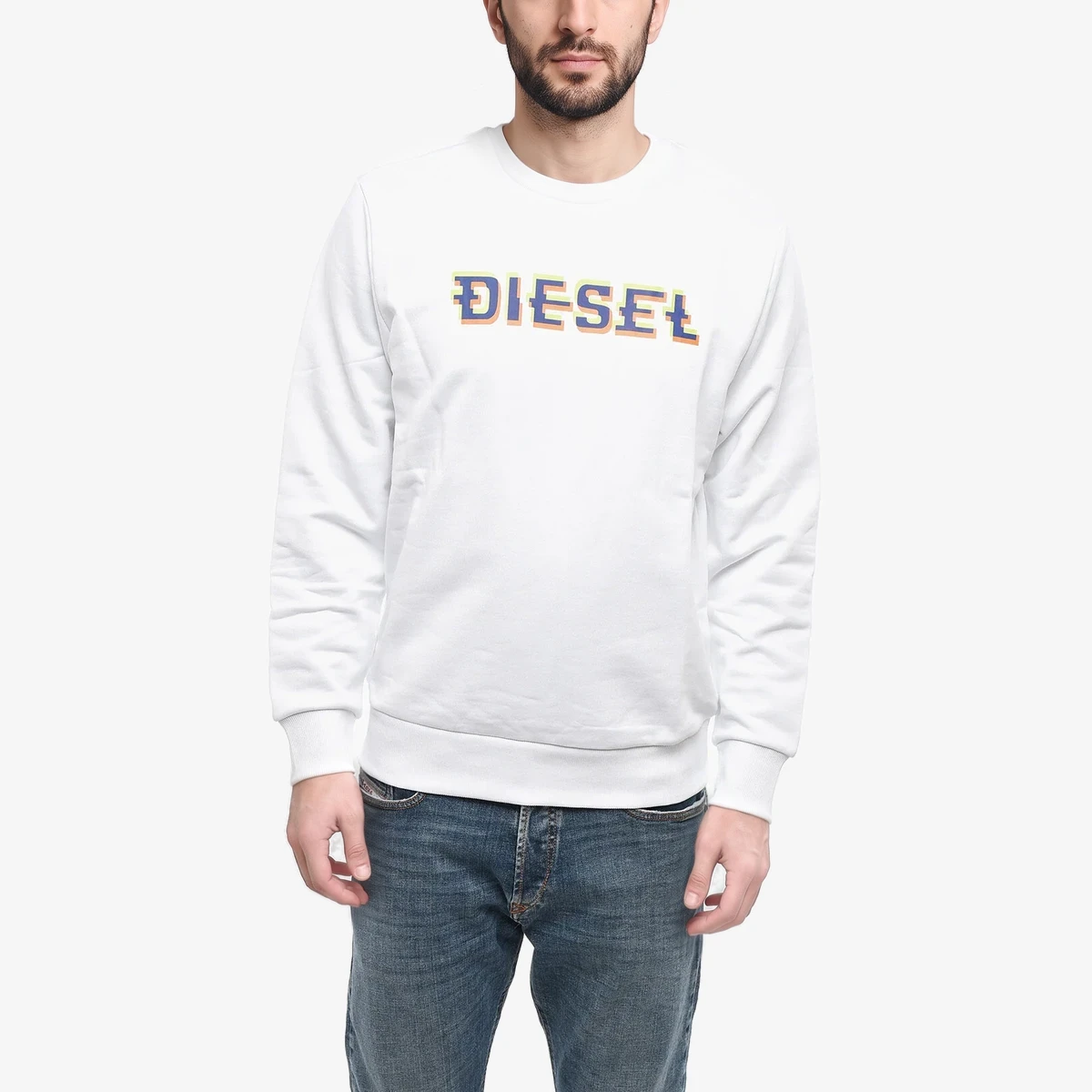 Diesel Brushed Cotton Crewneck Sweatshirt With Printed Logo in White