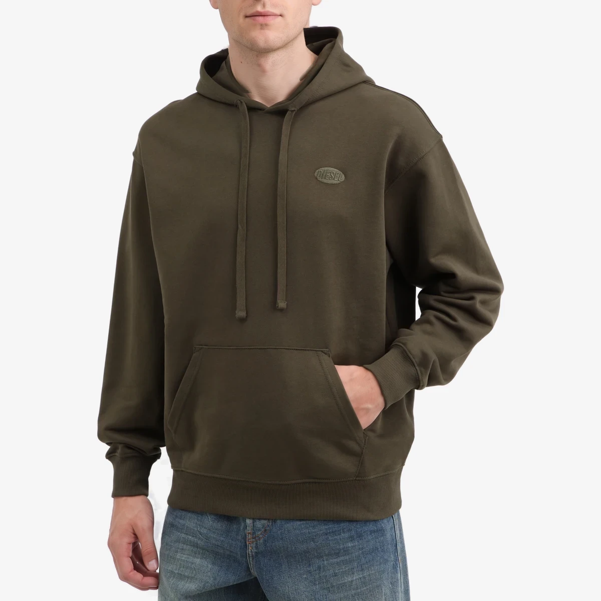 Diesel S-New-Ginn Cotton Hoodie with Embroidered Logo in Khaki