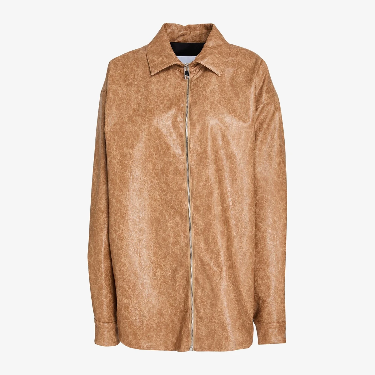 MSGM Faux Leather Zip Jacket in Tan