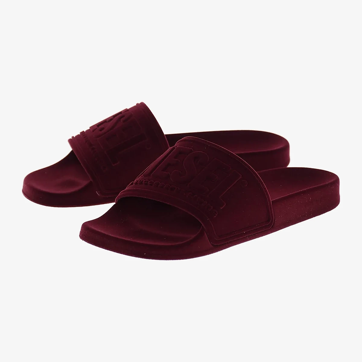 Diesel Velour Slides SA-MAYEMI with Embossed Logo in Burgundy