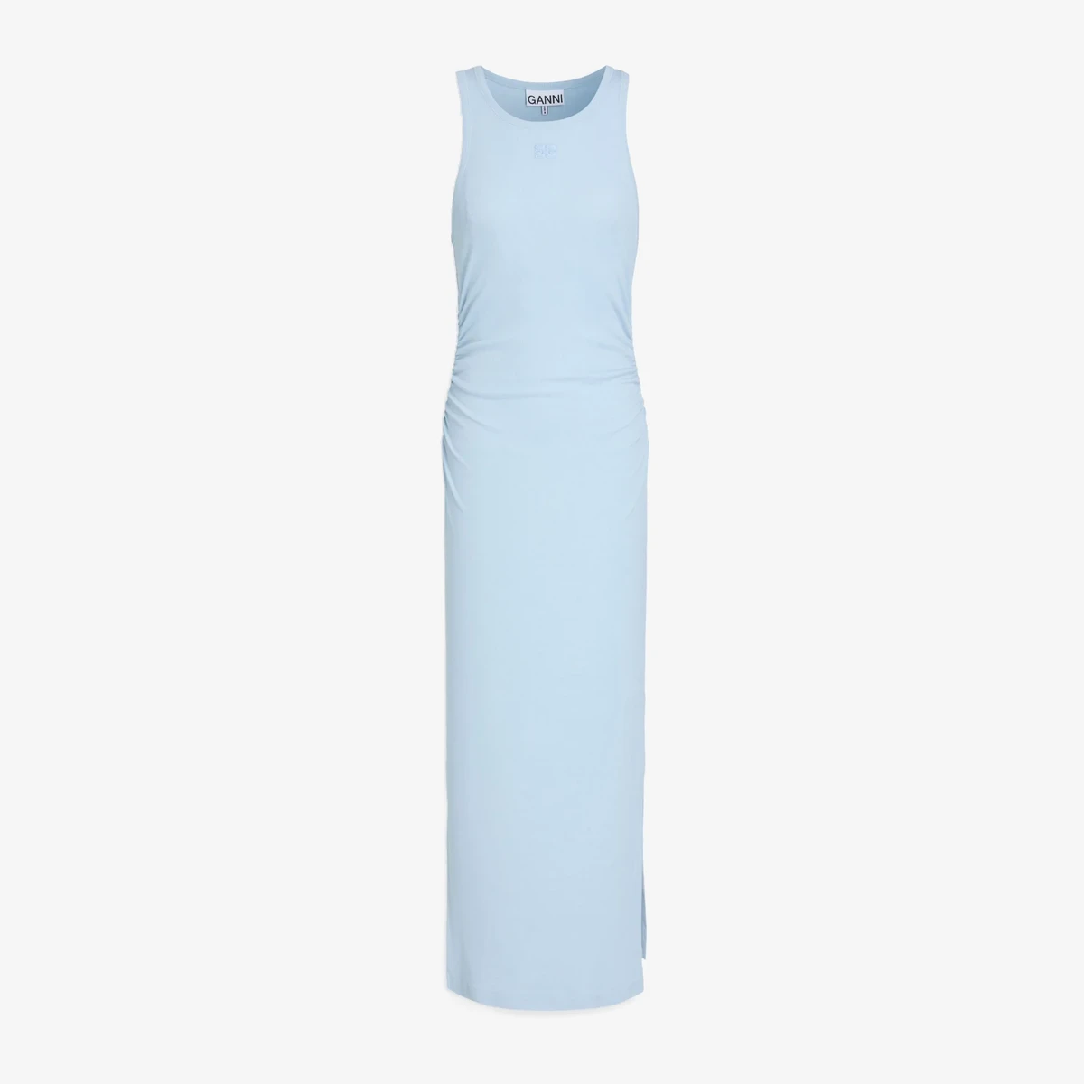 GANNI Ruched cotton-blend jersey midi dress in Blue