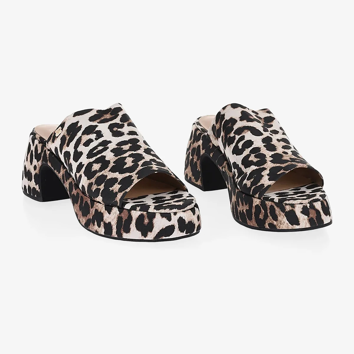 GANNI Open-Toe Mules with Animal Print 7cm Heel in Brown