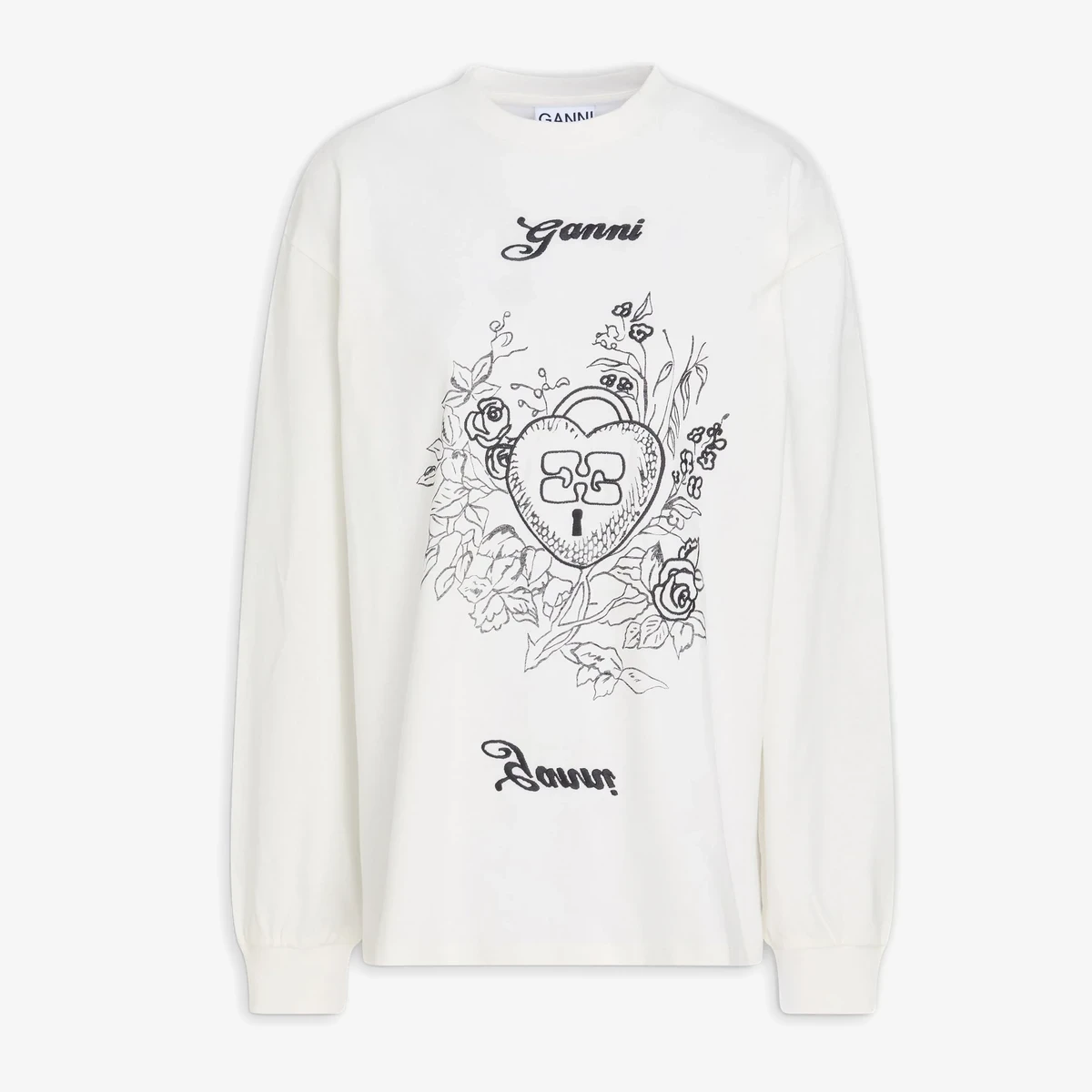 GANNI Embroidered printed ribbed cotton-jersey top in Ivory