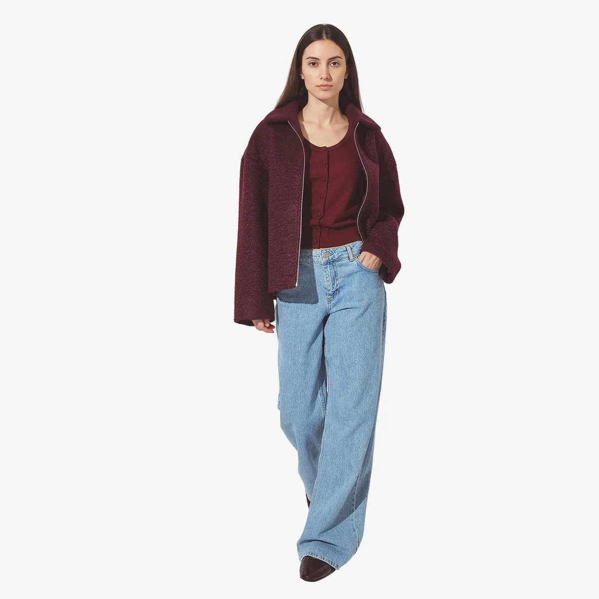 NA-KD Bouclé Zip Jacket in Burgundy