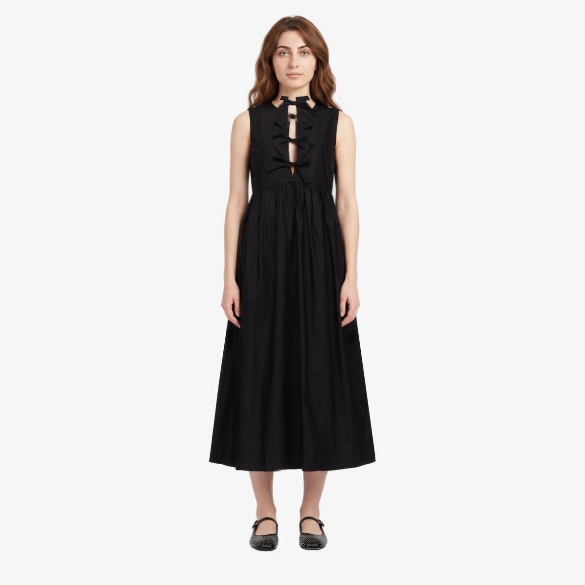 GANNI Black Cotton Poplin Midi Dress — Чёрный