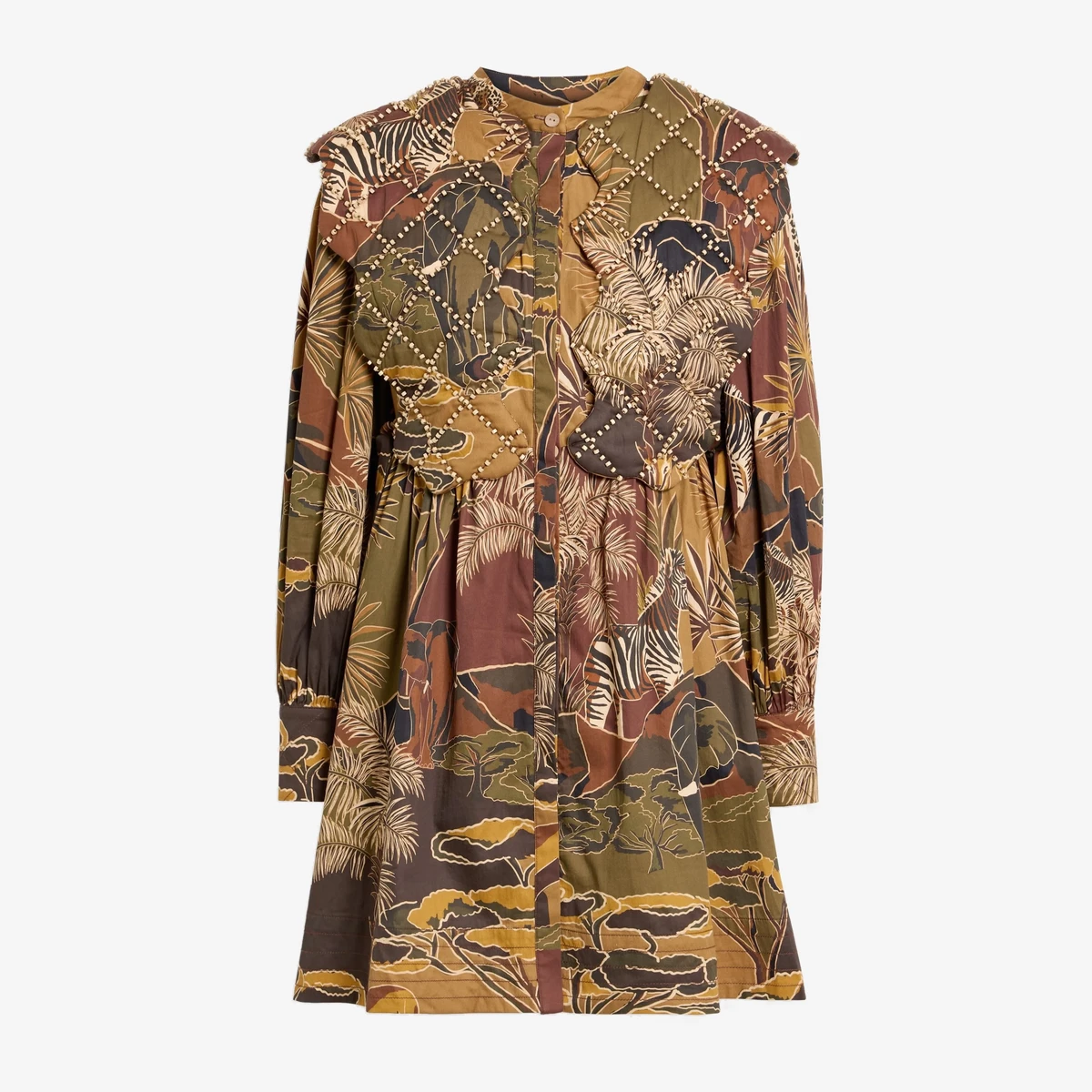 Farm Rio Bead-Embellished Printed Cotton-Poplin Mini Dress in Brown
