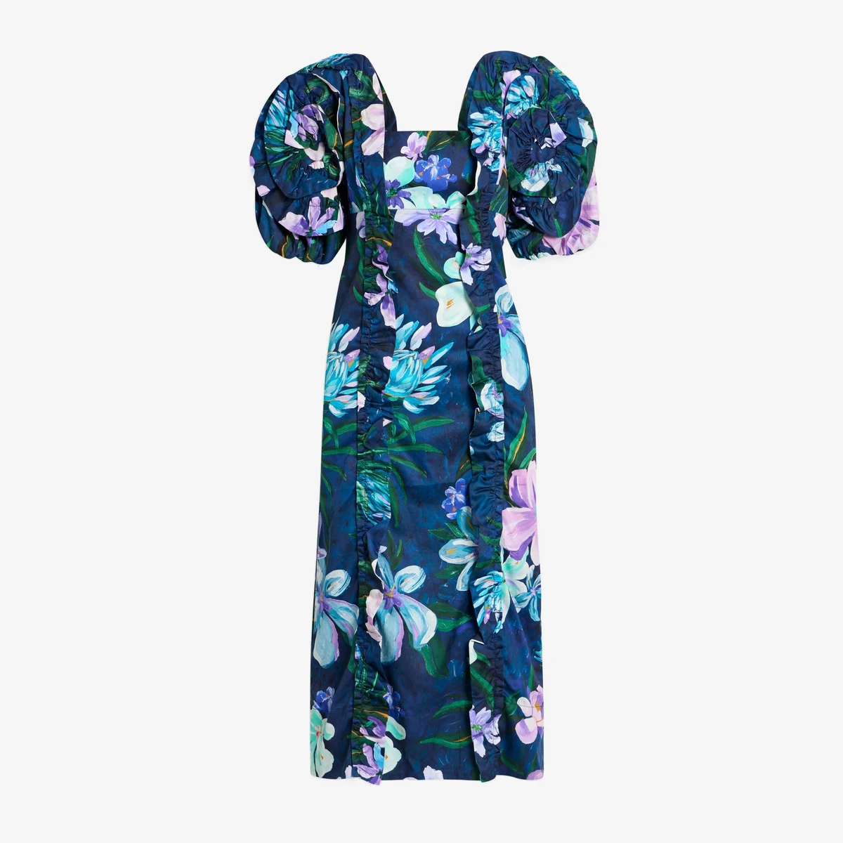 Farm Rio Ruffled Floral-Print Cotton-Poplin Midi Dress in Multicolour