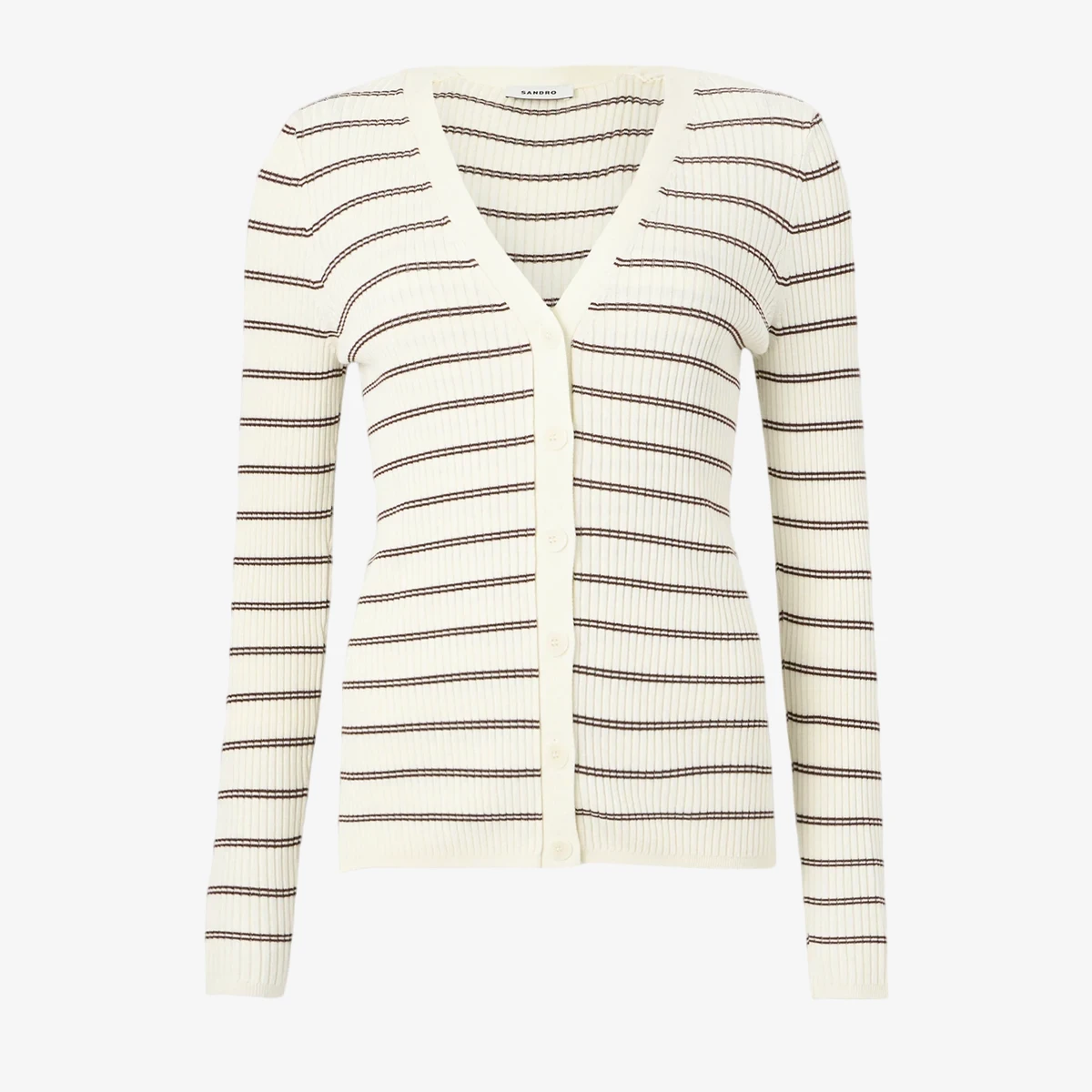Sandro Ancien Striped Rib-Knit Cardigan in White