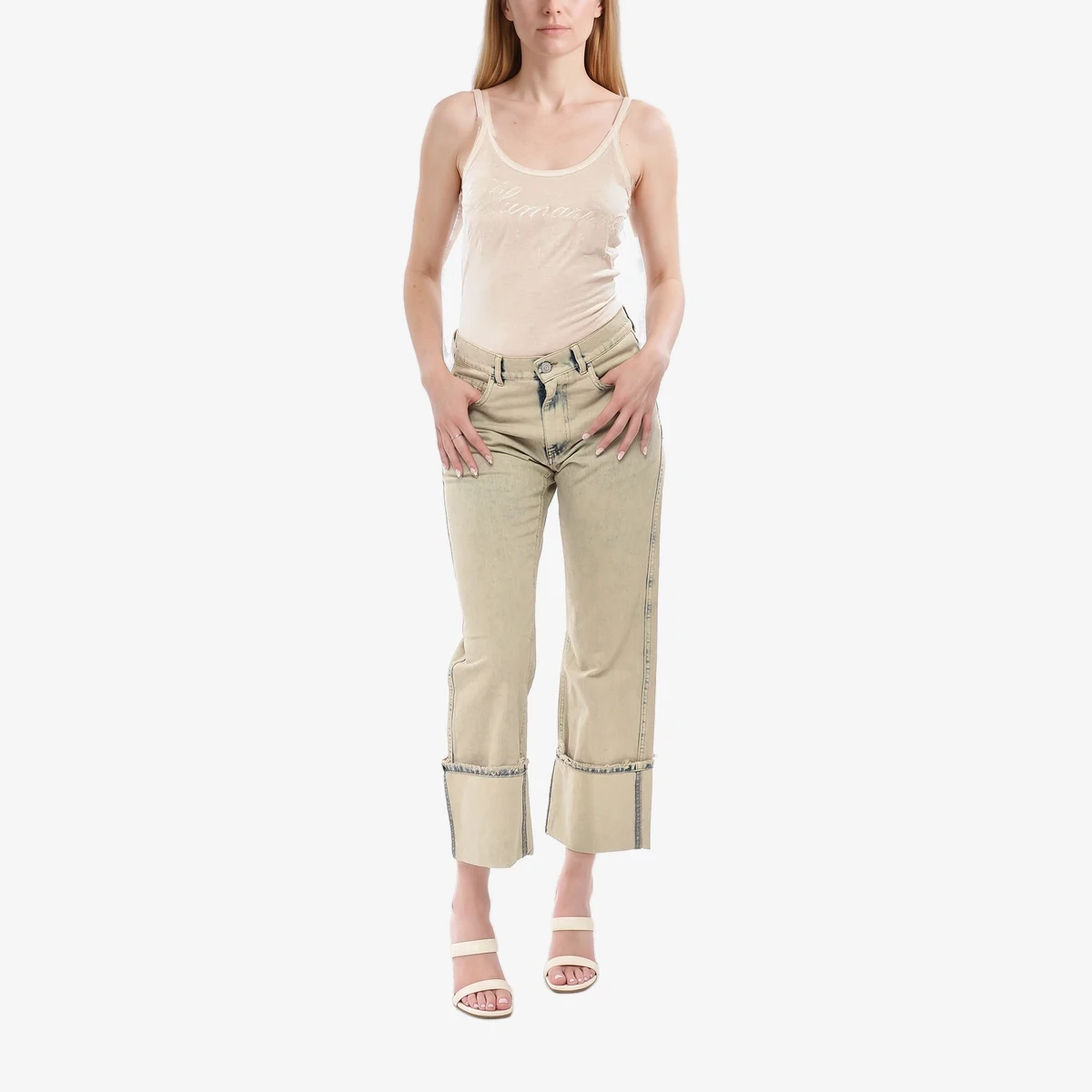 Coperni Vintage Denim Cropped-Fit Jeans with Oversized Cuffs in Beige