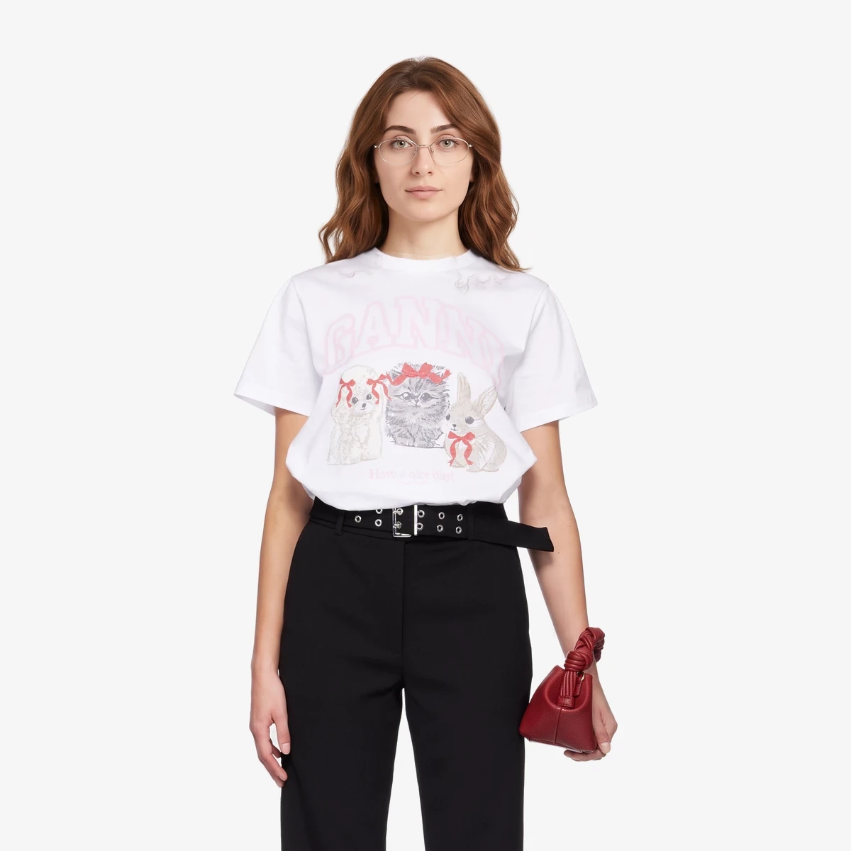 GANNI White Animals Print T-shirt in White