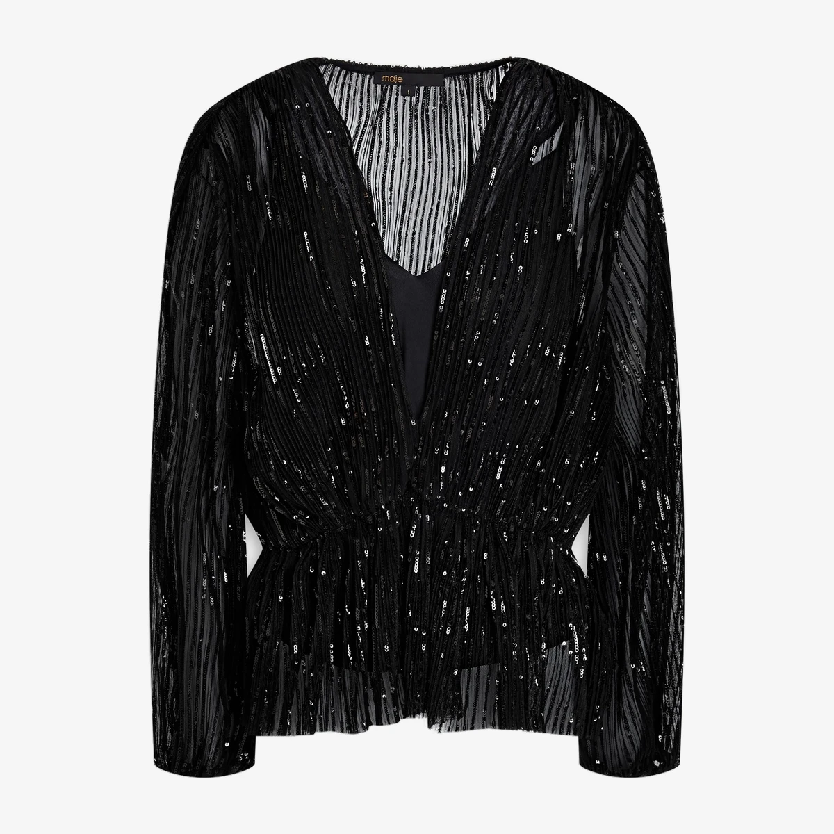 Maje Sequin-Embellished Pleated Tulle Top in Black