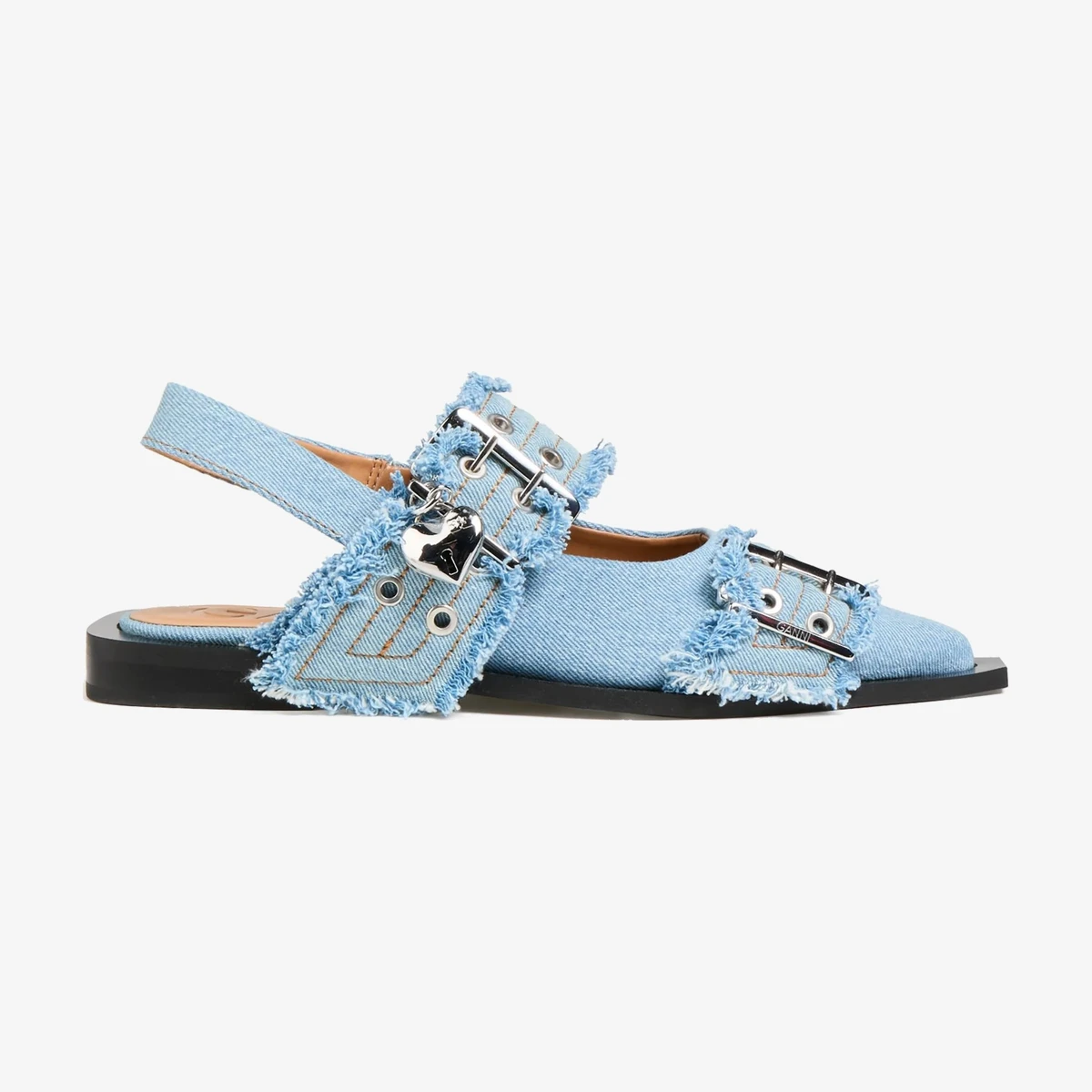 GANNI Embellished Denim Slingback Point-Toe Flats in Denim Blue