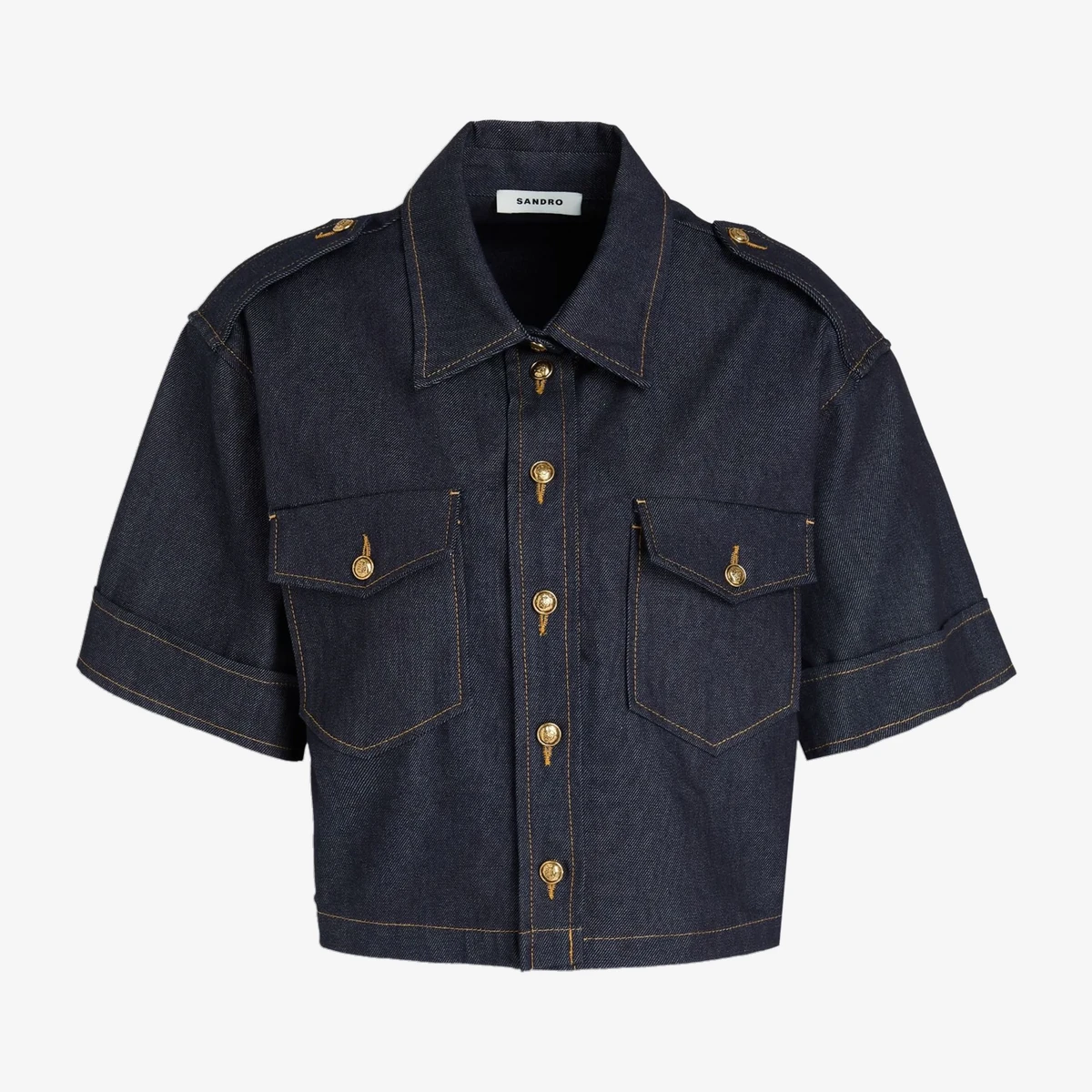 Sandro Cropped Denim Shirt in Denim Blue