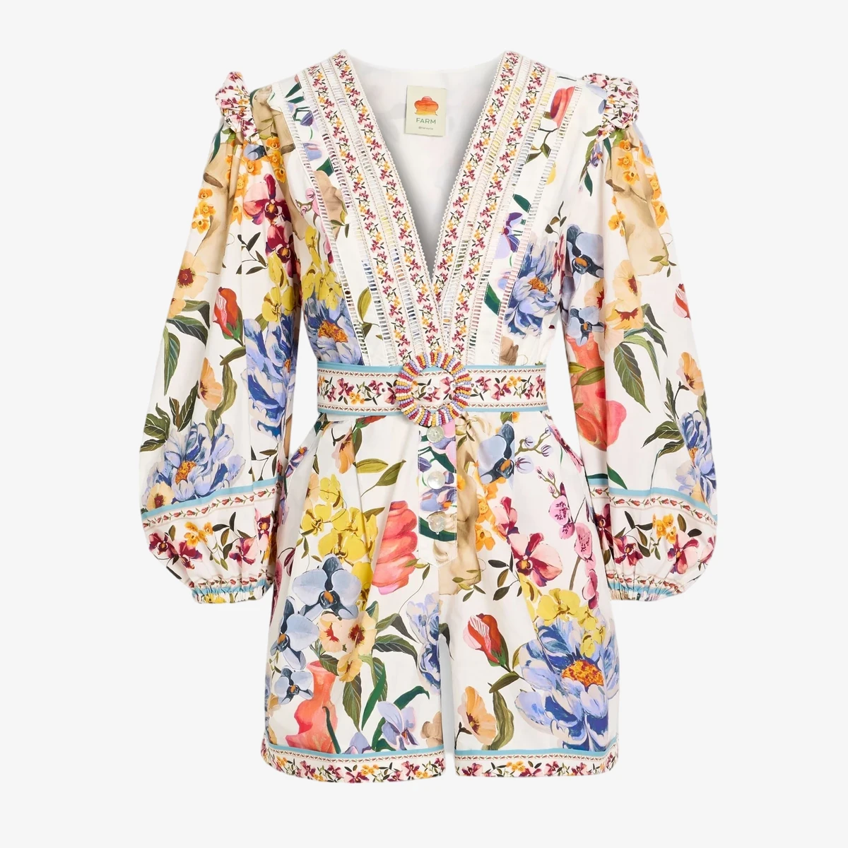 Farm Rio Belted Printed Cotton Playsuit in White