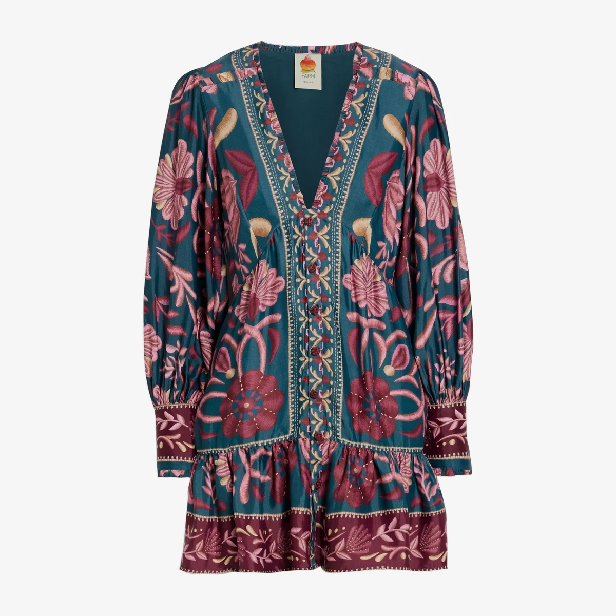 Farm Rio Ruffled Printed Satin Mini Dress in Teal