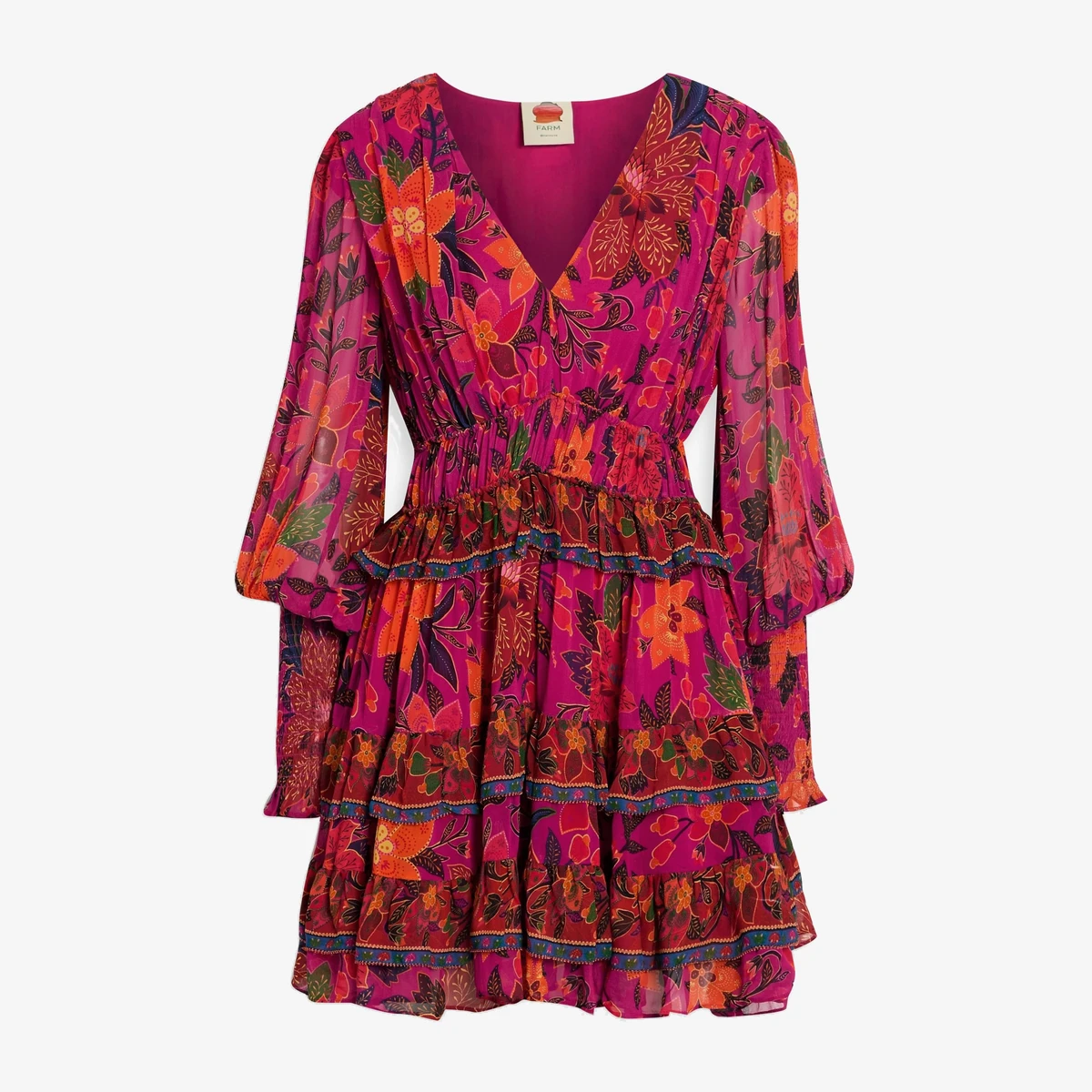 Farm Rio Tropical Tapestry Floral-Print Chiffon Mini Dress in Pink