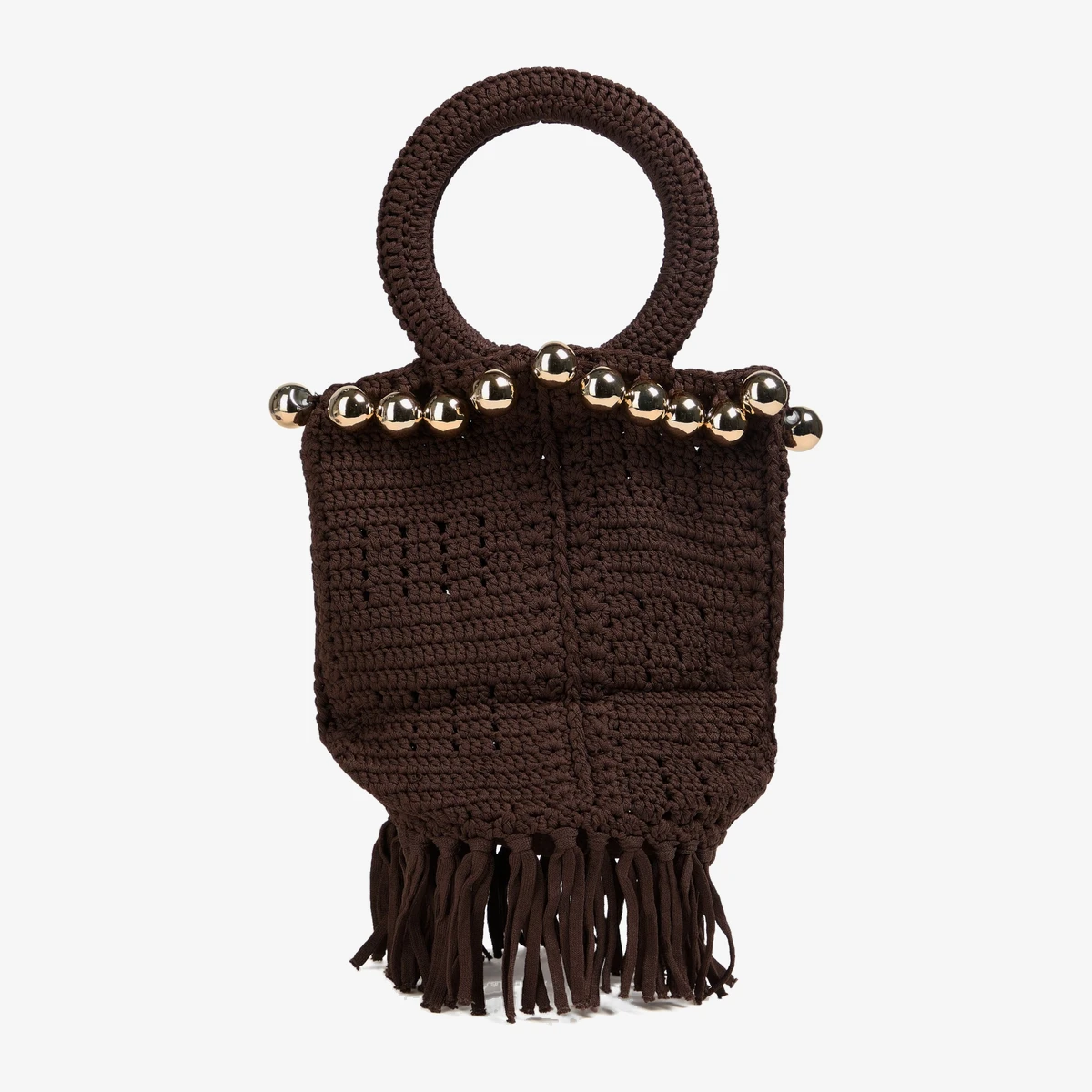 Sandro Embellished Crochet Bucket Bag in Dark Brown