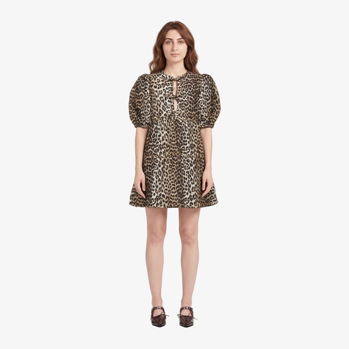 GANNI Leopard Printed Cotton Tie String Minidress in Beige