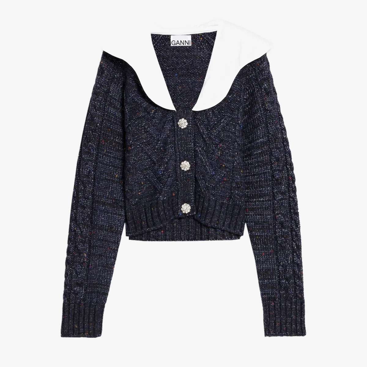GANNI Poplin-Trimmed Donegal Cable-Knit Cardigan in Blue