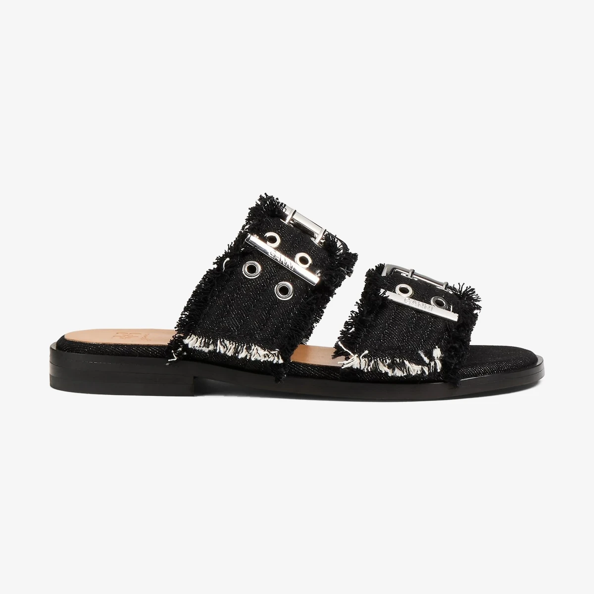 GANNI Frayed Denim Sandals in Black
