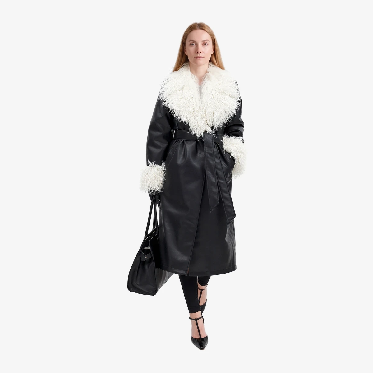 NA-KD Long Faux-Leather Coat with Belt and Faux-Fur Trim in Black