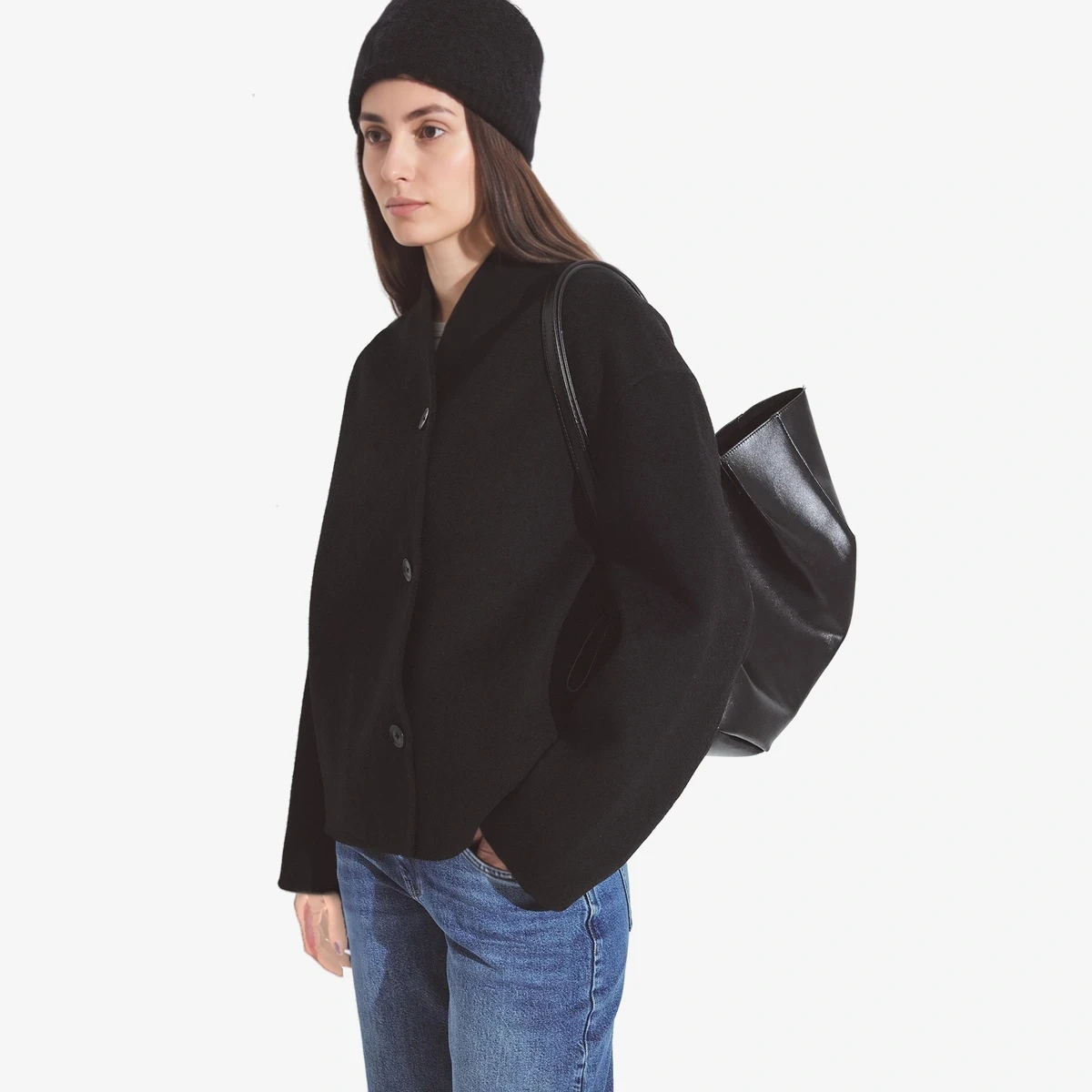 NA-KD Wool Blend High Neck Short Coat in Black