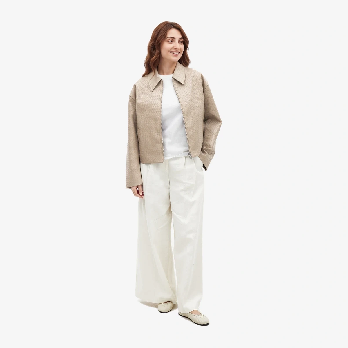 NA-KD Woven Faux-Leather Jacket in Beige