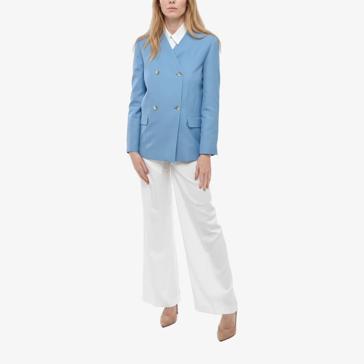 Loulou Studio Double-Breasted Linen-Blend Blazer Without Lapels in Light Blue
