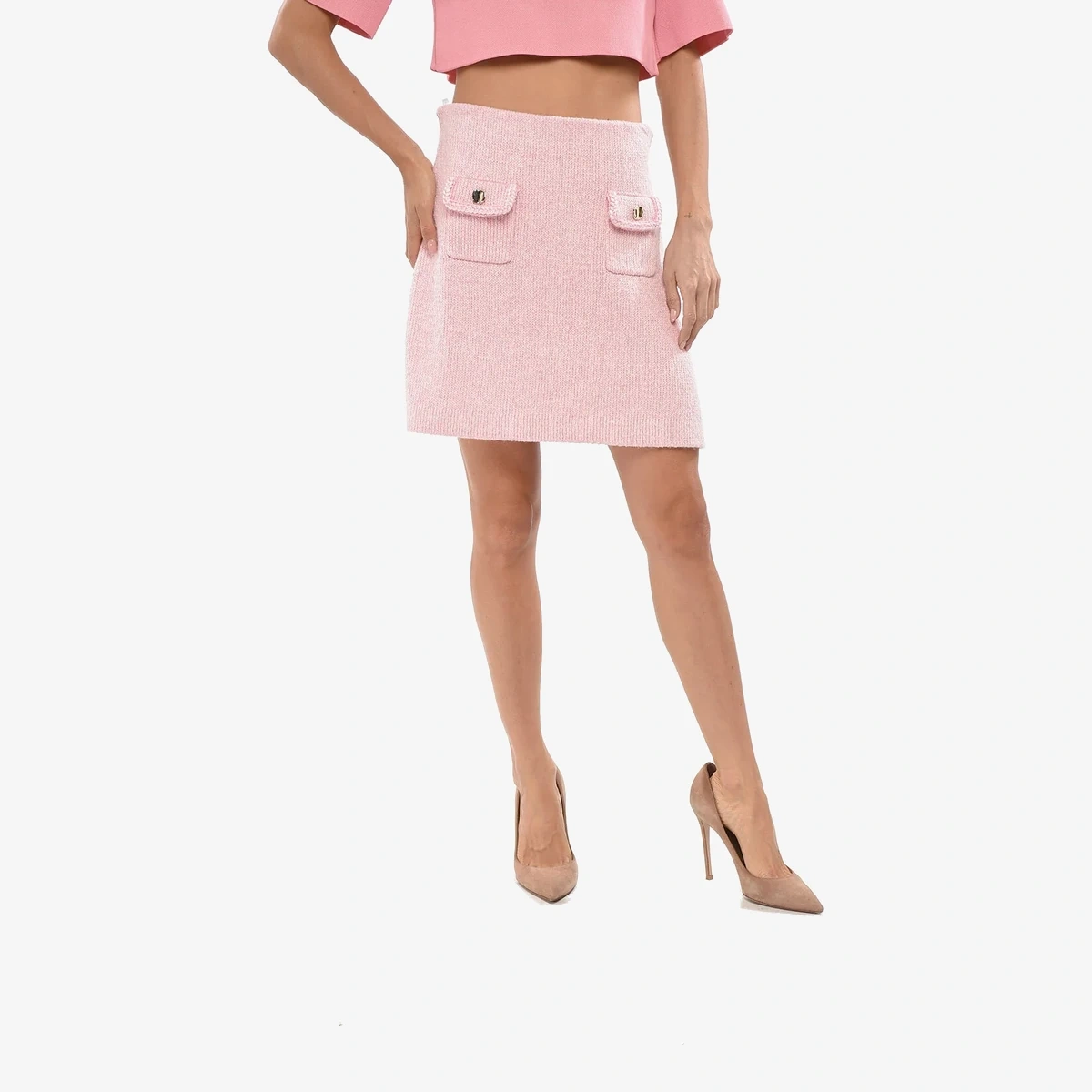 Self-Portrait Knit Miniskirt with Gold-Effect Detail in Pink