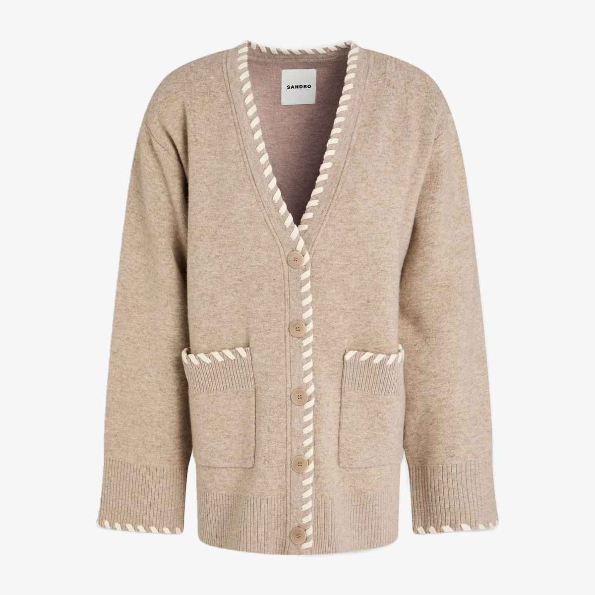Sandro Whipstitched Mélange Knit Cardigan in Beige