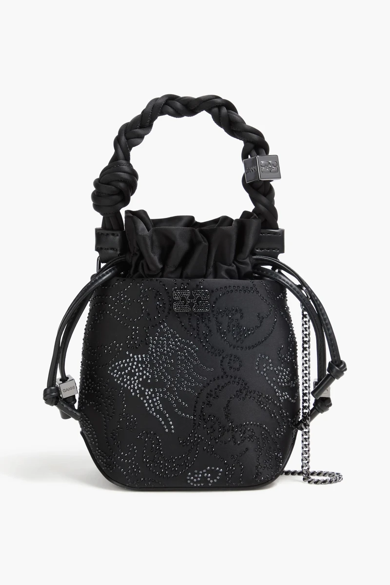 GANNI Crystal-embellished satin tote in Black