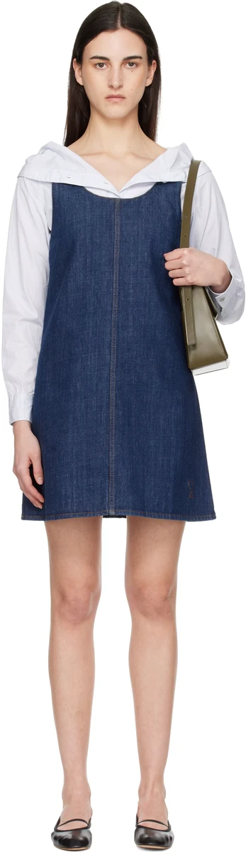 AMI Paris Blue Cotton Short Strapped Denim Minidress in Blue
