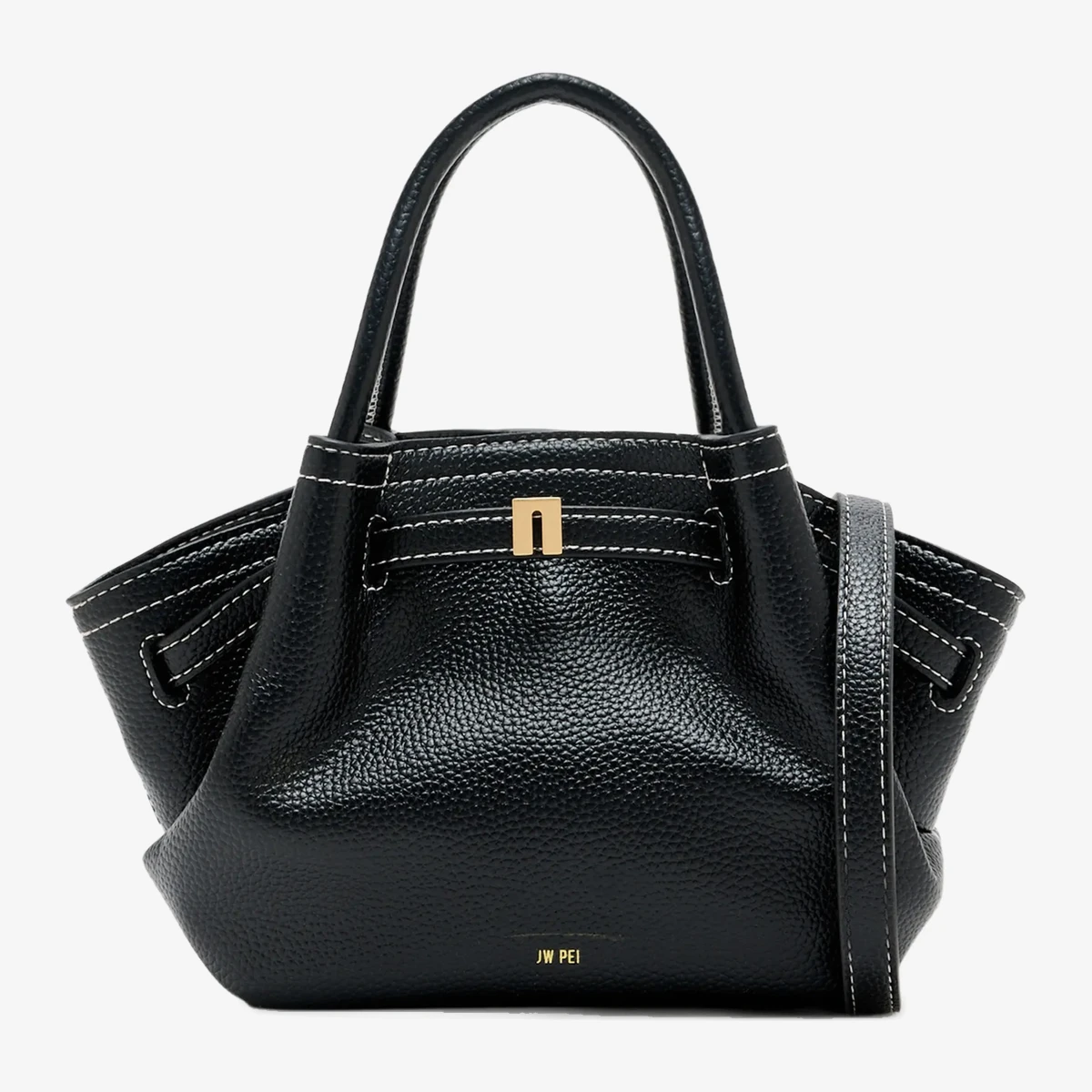 JW Pei Mini Hana Contrast-Stitch Pebbled Tote Bag in Black