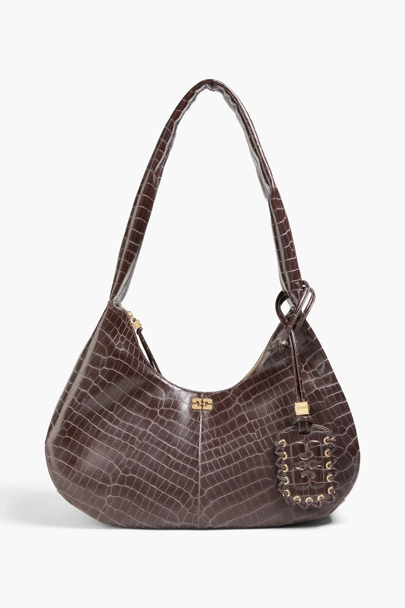 GANNI Bou croc-effect leather-blend shoulder bag in Dark Brown