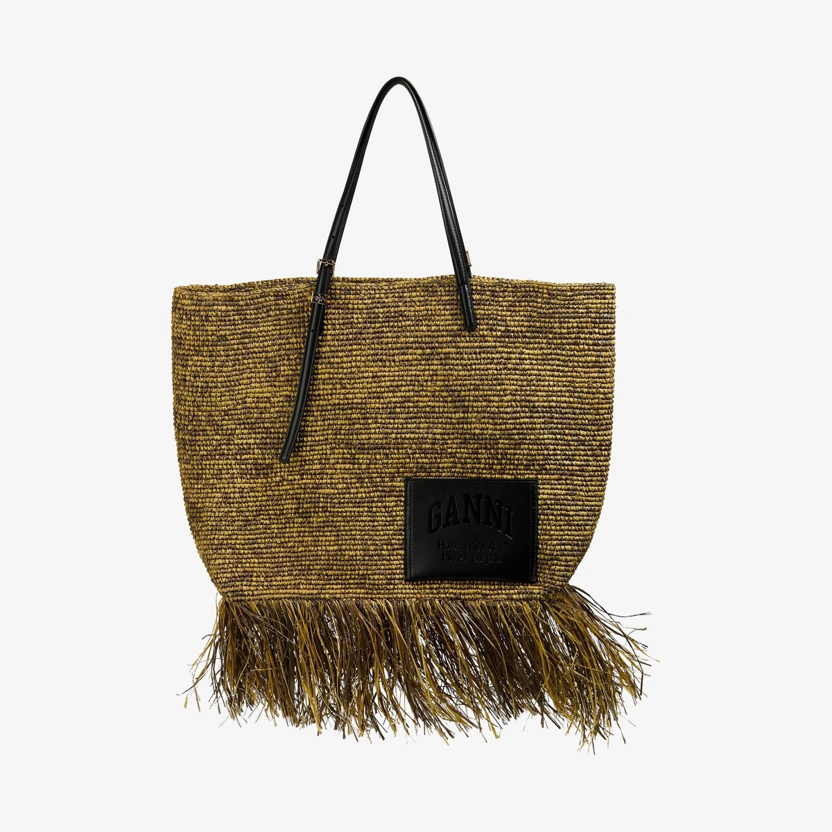 GANNI Fringed raffia tote in Green