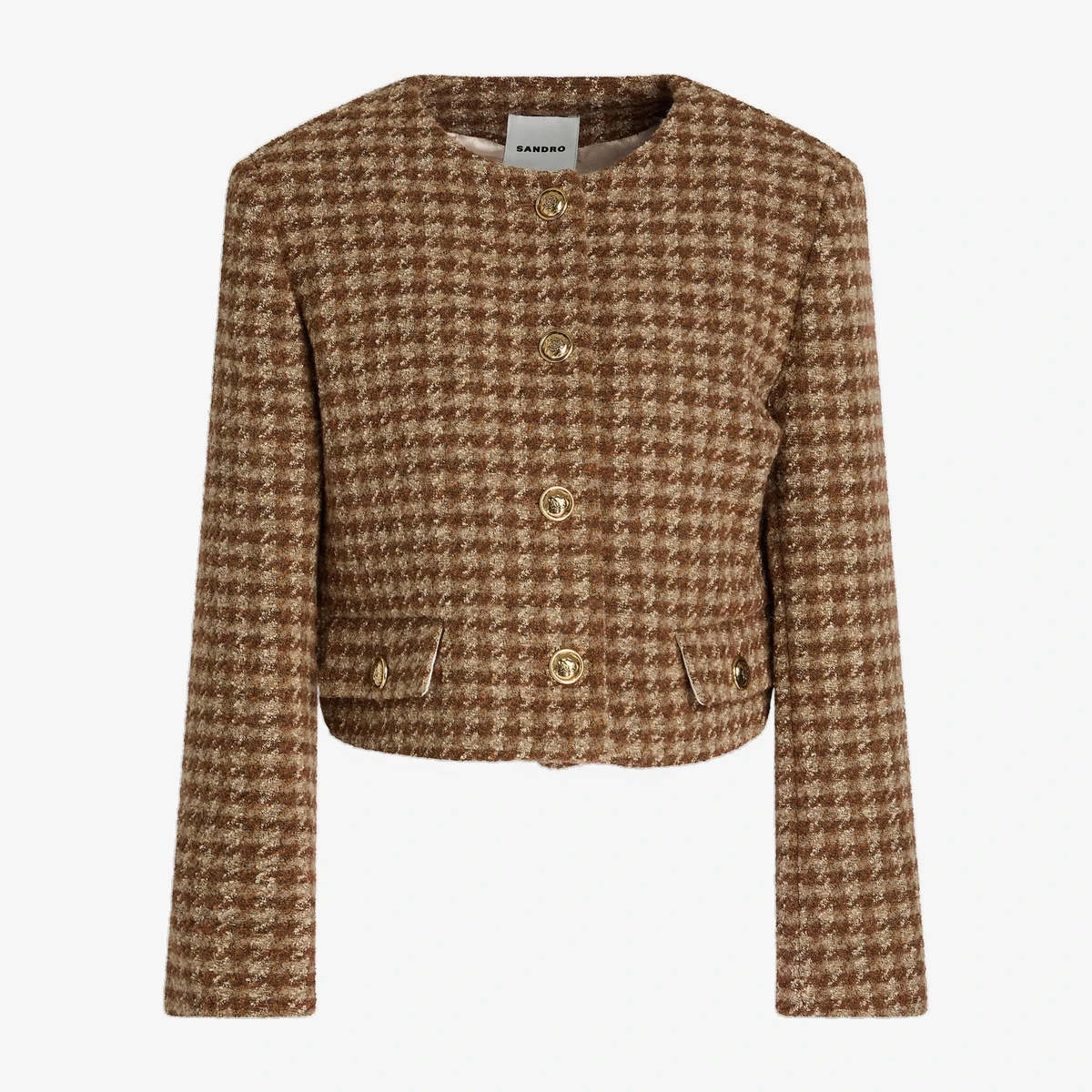 Sandro Cropped Houndstooth Bouclé-Tweed Jacket in Brown