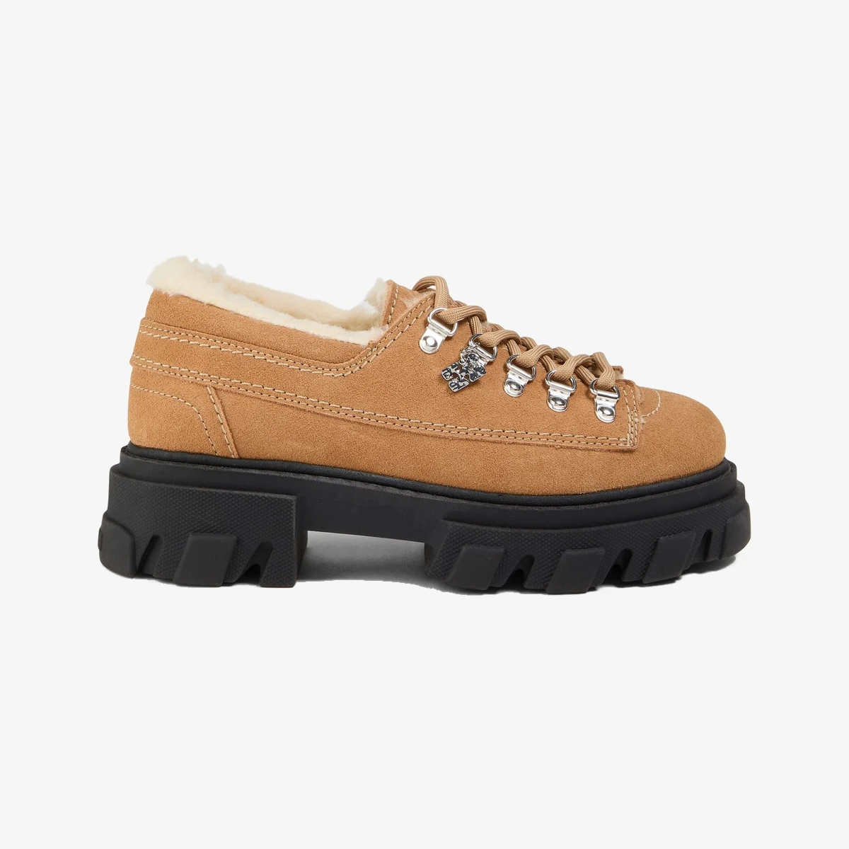 GANNI Suede Brogues with Shearling Lining and Rubber Lug Sole in Beige