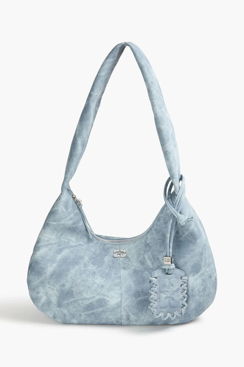 GANNI Bou medium denim-effect print shoulder bag in Blue