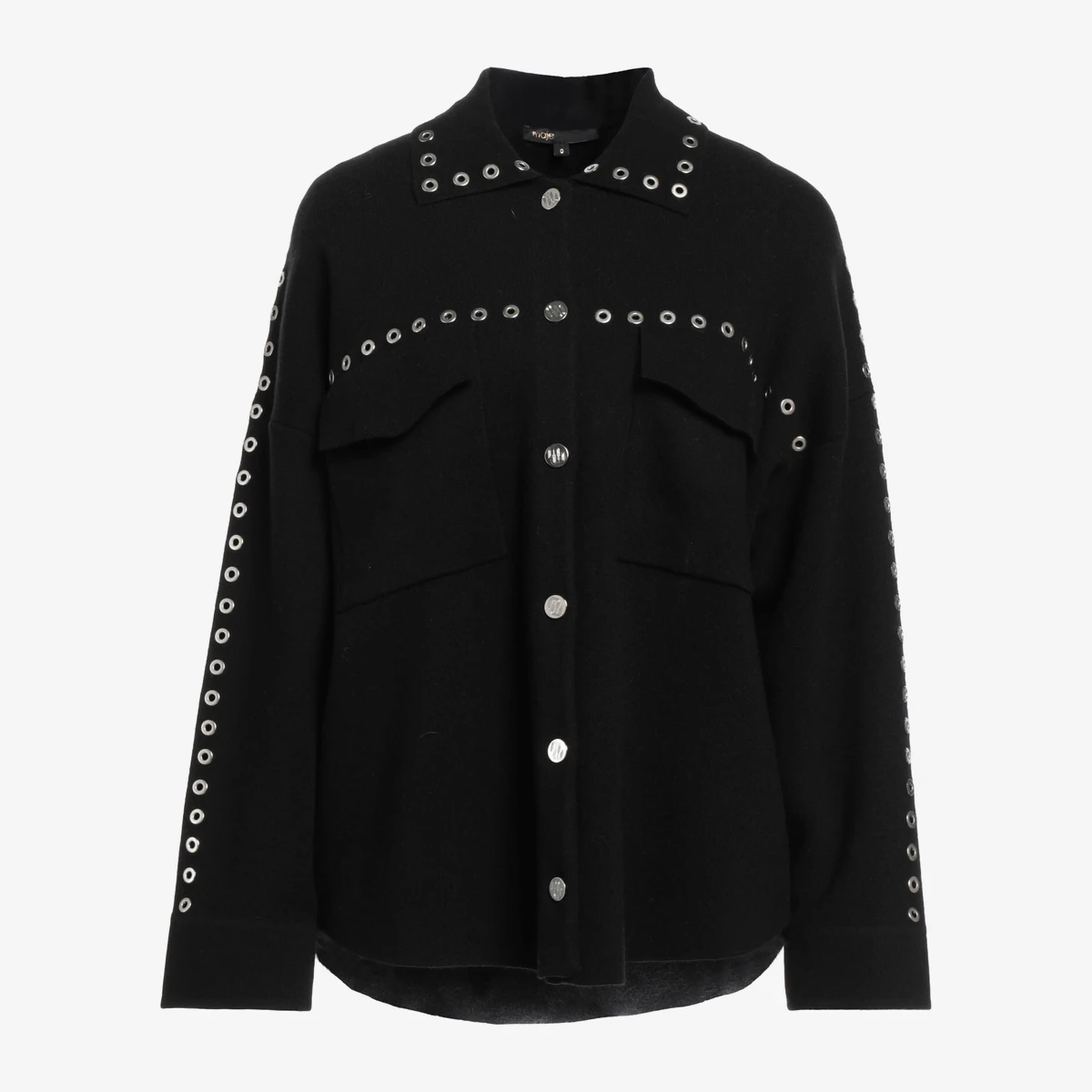 Maje Eyelet-Trimmed Knit Shirt Jacket in Black