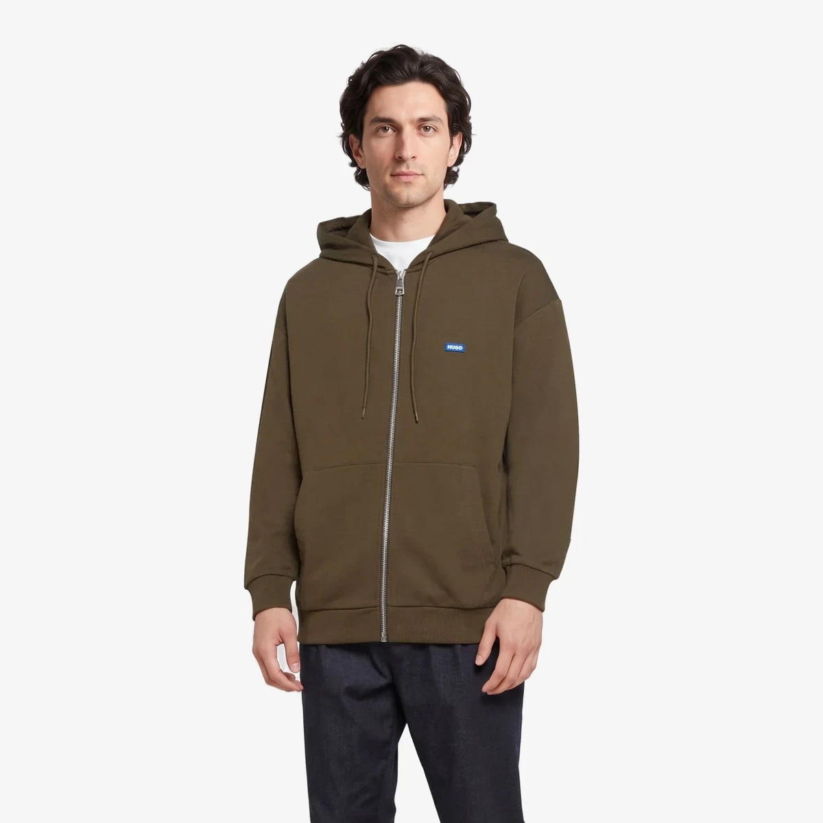 HUGO Zip-Up Hoodie with Logo Patch in Dark Brown
