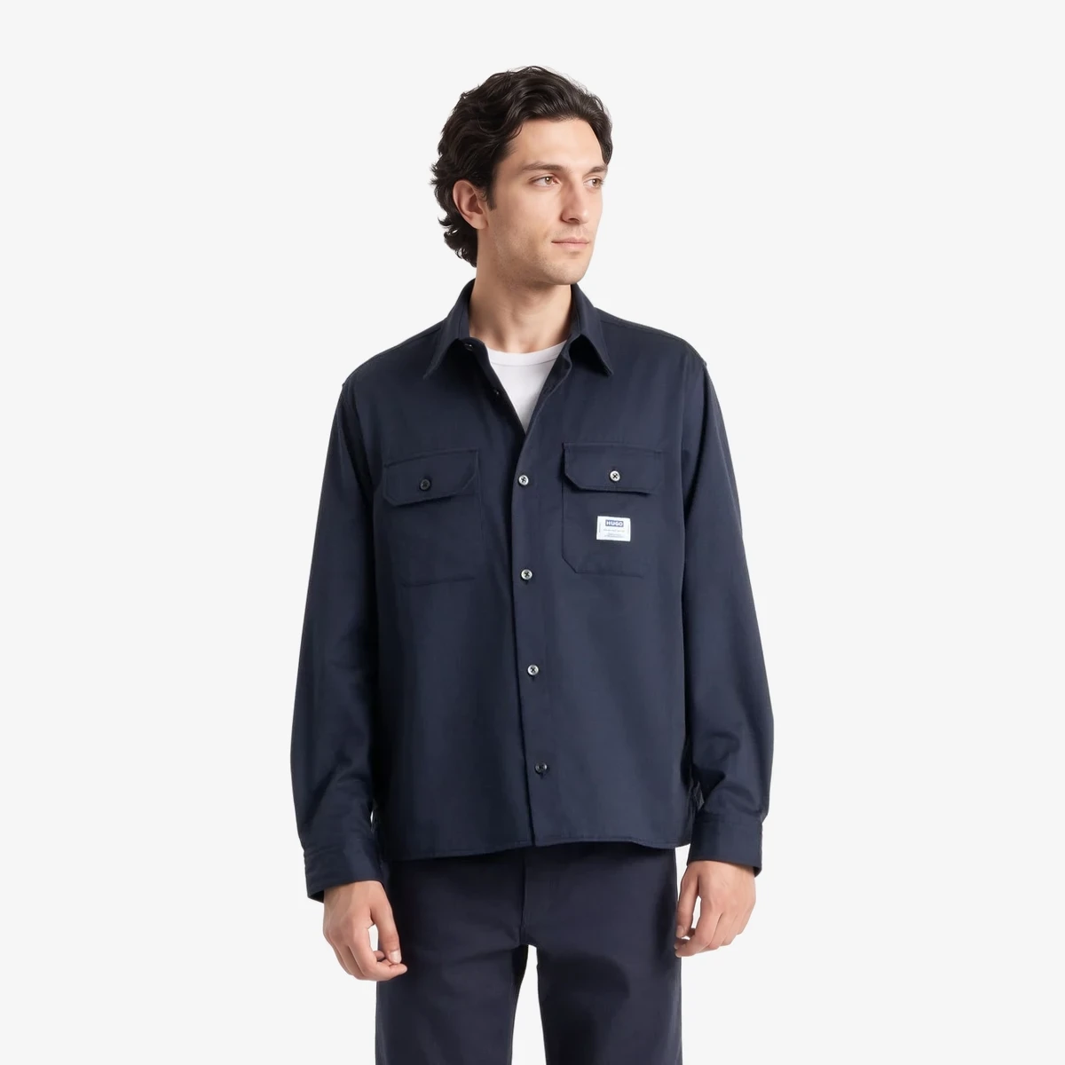 HUGO Ekynone Cotton Shirt with Flap Pockets in Navy