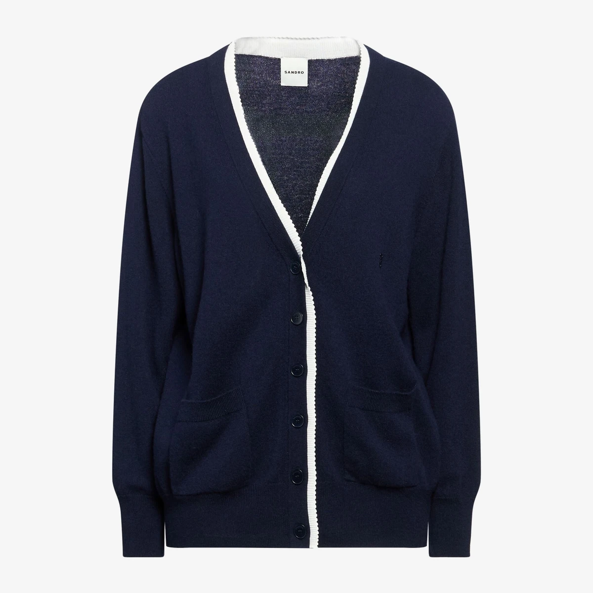 Sandro Contrast-Trim Wool Cardigan in Navy