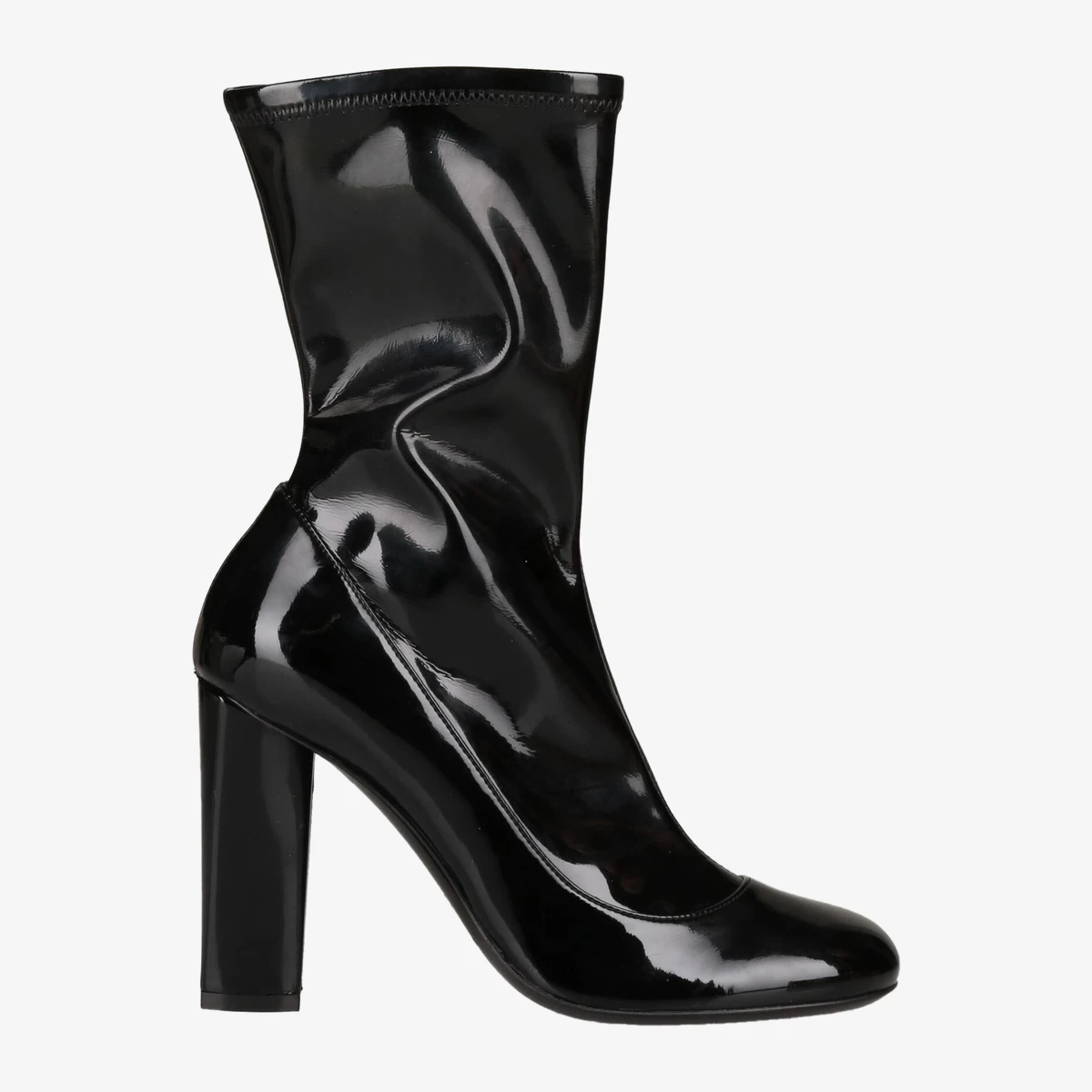 EMPORIO ARMANI Patent Sock Ankle Boots with Block Heel in Black