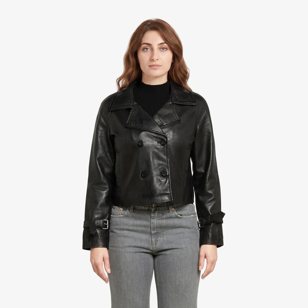 AIM Cropped Double-Breasted Leather Jacket in Black
