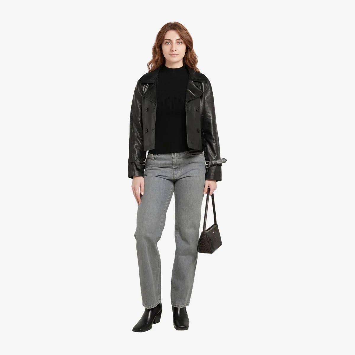 Cropped Double-Breasted Leather Jacket вид 5