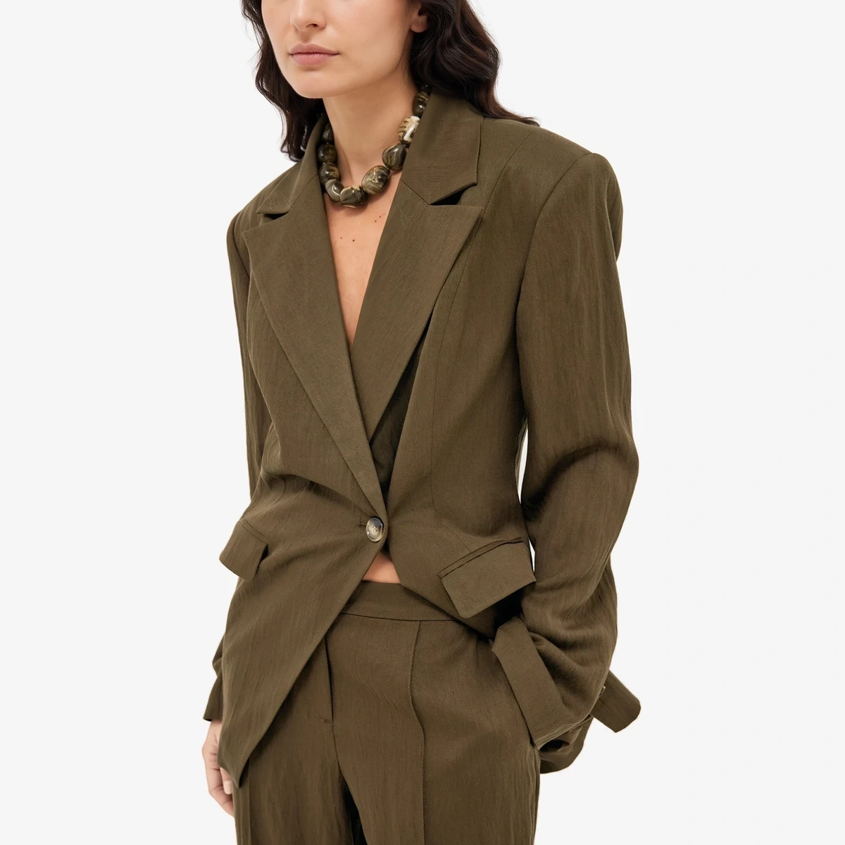 NA-KD Fitted Lyocell-Blend Blazer in Khaki