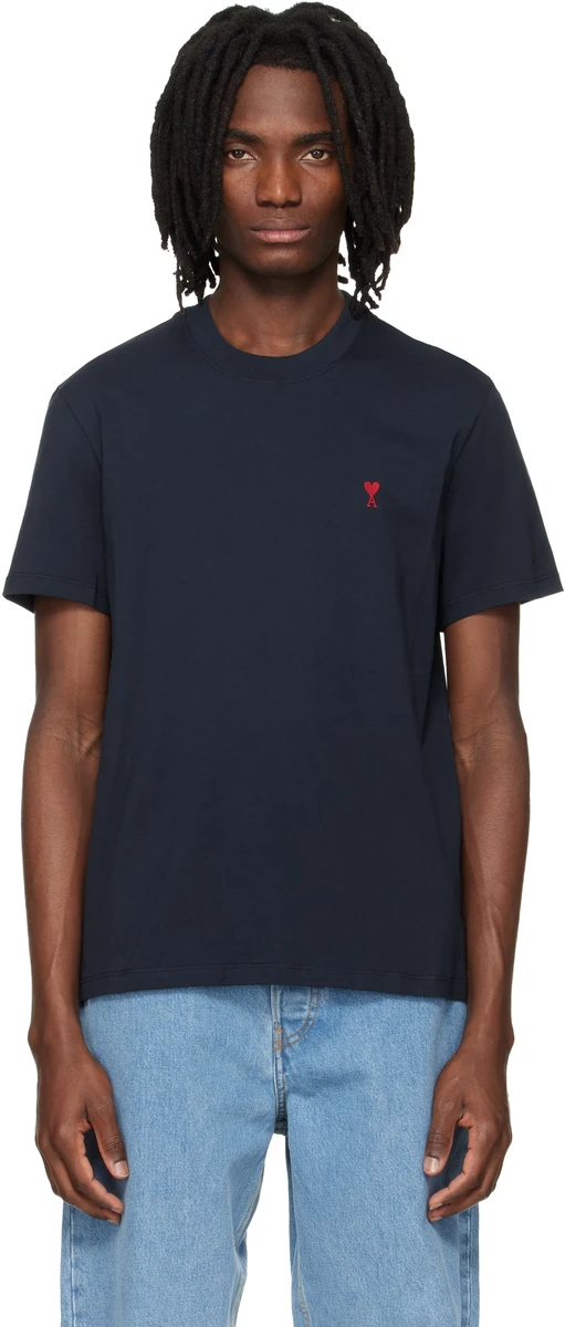 AMI Paris Navy Cotton Red Ami de Coeur T-shirt in Navy