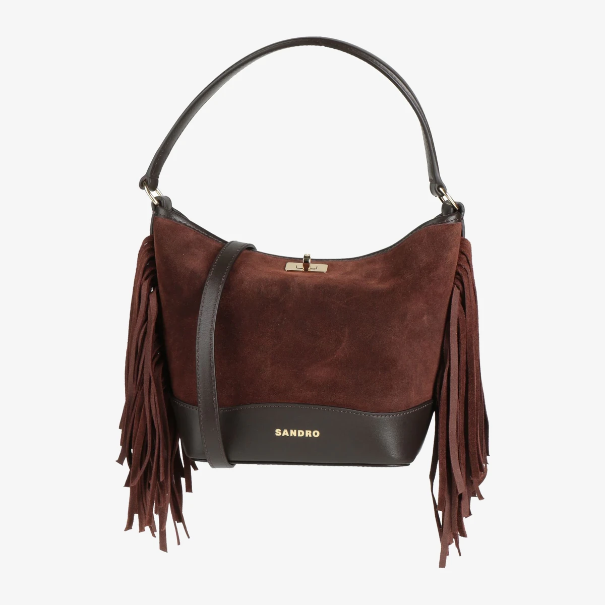 Sandro Fringed Suede Bucket Bag in Brown