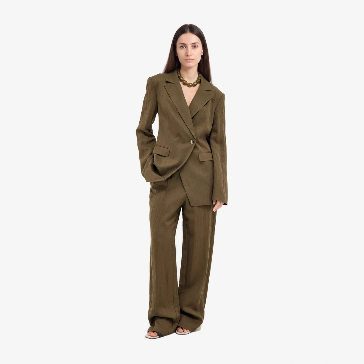 NA-KD Mid-Waist Lyocell-Blend Trousers in Khaki